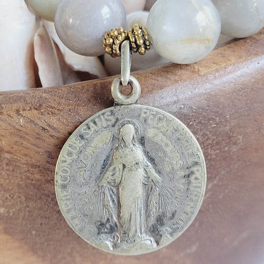 Grey Moonstone 12mm Beaded Bracelet w/ Deeply loved Miraculous Medal on the front and Blessed Jean Thephane Venard on the back