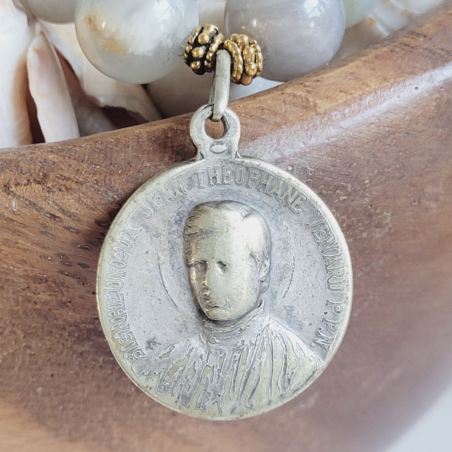 Grey Moonstone 12mm Beaded Bracelet w/ Deeply loved Miraculous Medal on the front and Blessed Jean Thephane Venard on the back