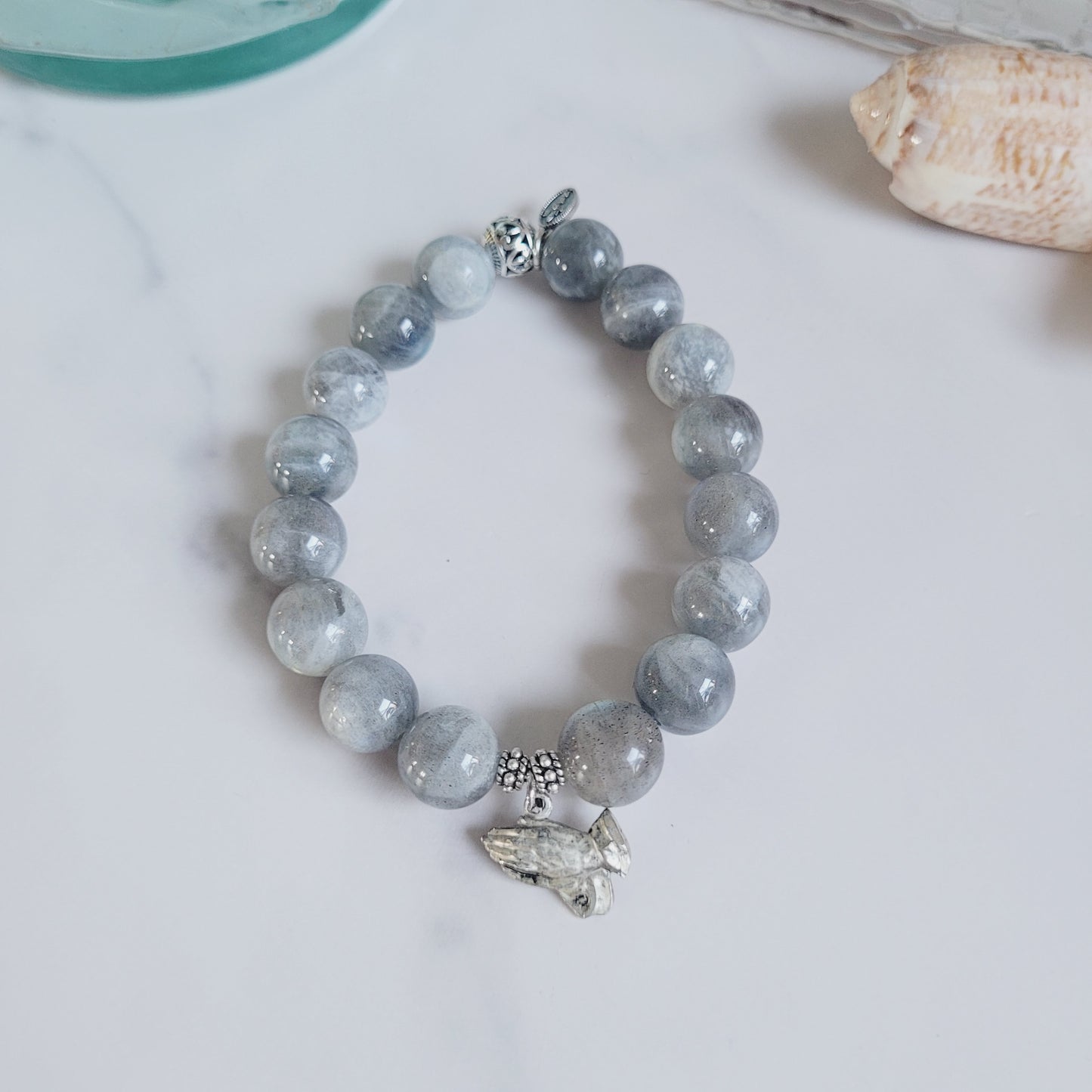 Labradorite Beaded 12mm Bracelet w/ Sterling Silver Prayer Hands