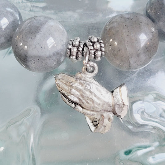 Labradorite Beaded 12mm Bracelet w/ Sterling Silver Prayer Hands