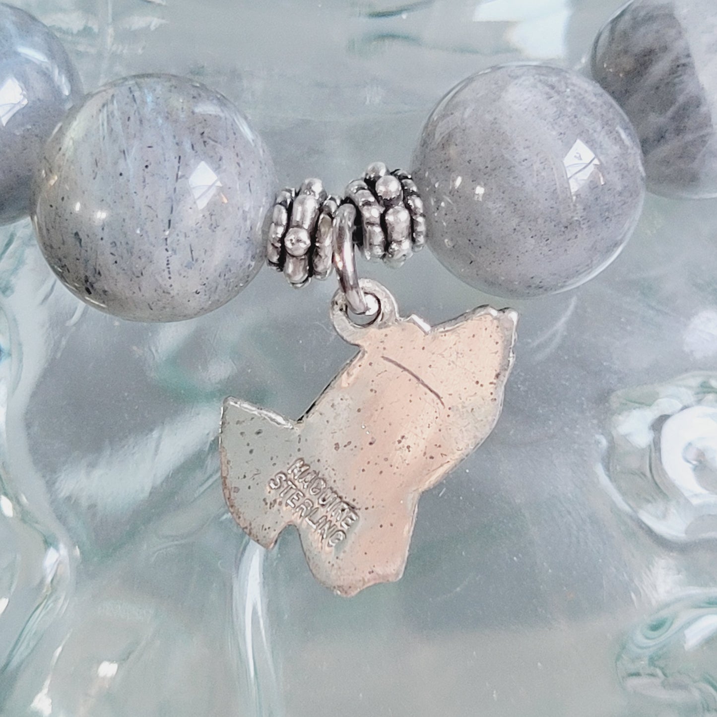 Labradorite Beaded 12mm Bracelet w/ Sterling Silver Prayer Hands