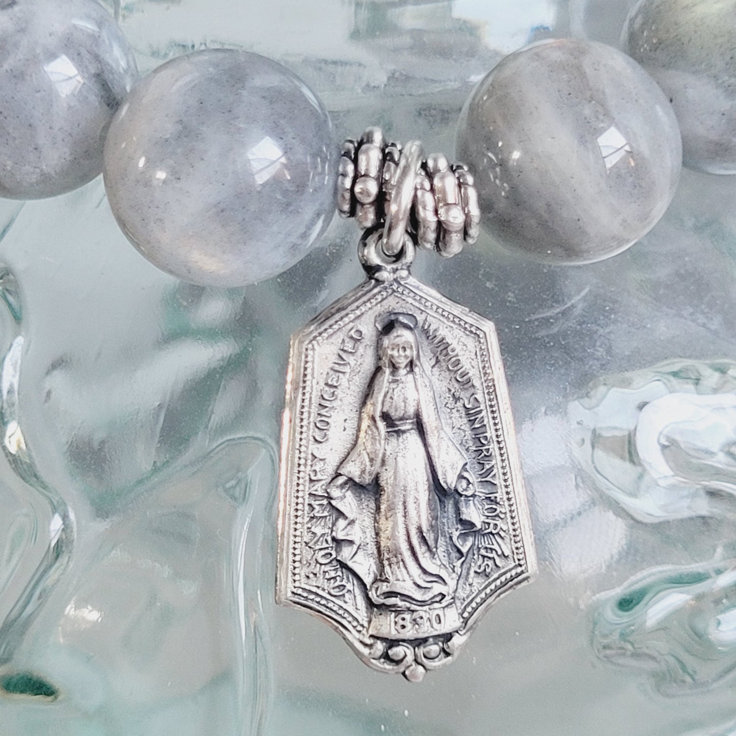 Labradorite Beaded 12mm Bracelet w/ Art Deco Sterling Silver Miraculous Medal