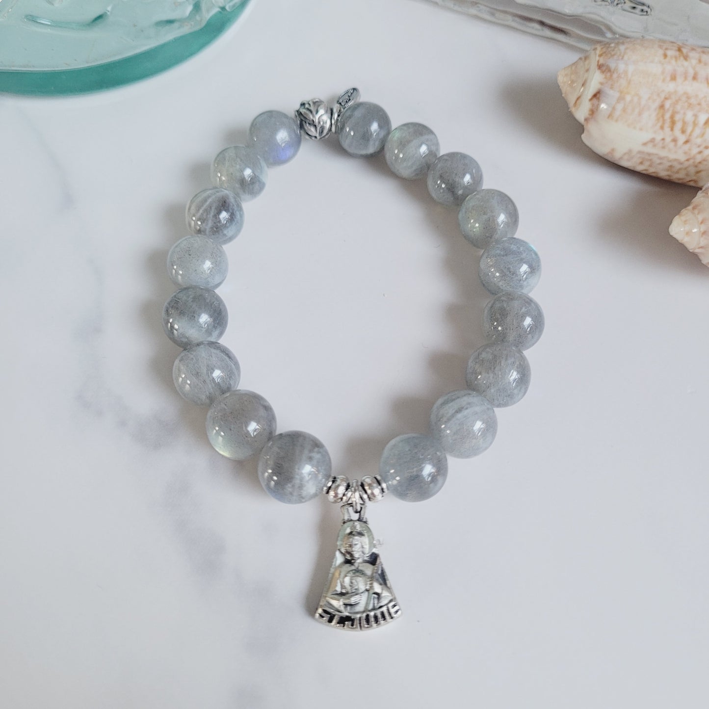Labradorite Beaded 12mm Bracelet w/ Sterling Silver St. Jude Medal