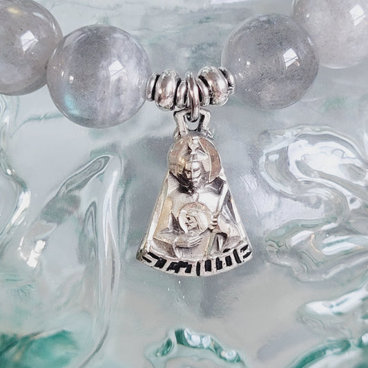 Labradorite Beaded 12mm Bracelet w/ Sterling Silver St. Jude Medal