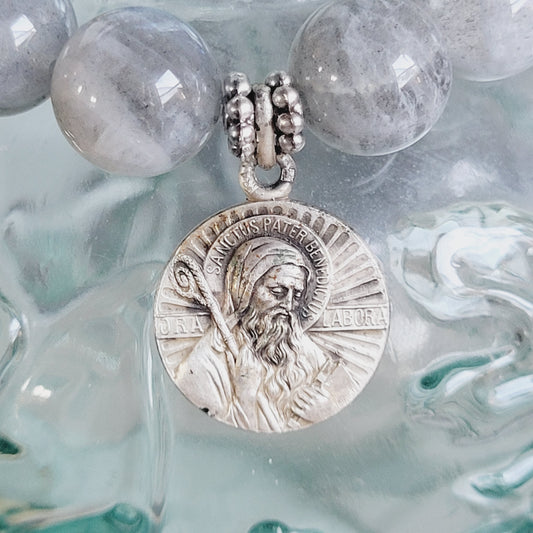 Labradorite Beaded 12mm Bracelet w/St. Benedict of Nursia Medal