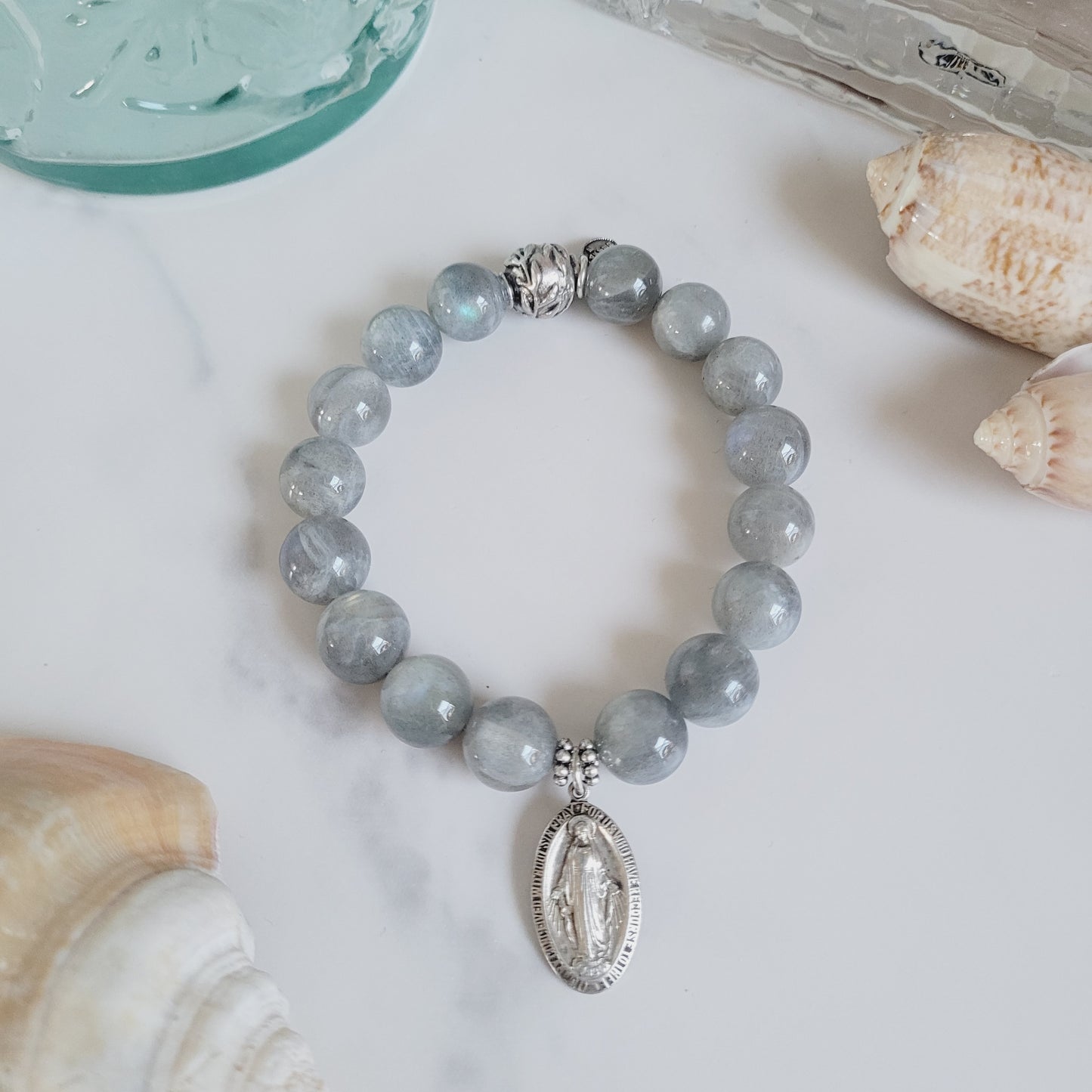 Labradorite Beaded 12mm Bracelet w/ Sterling Silver Miraculous Medal of Mary