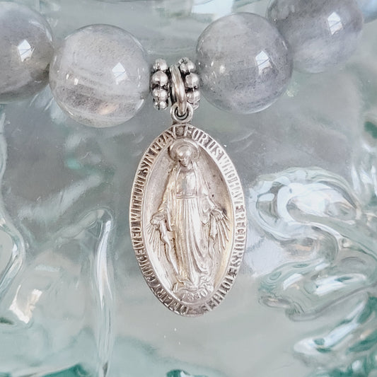 Labradorite Beaded 12mm Bracelet w/ Sterling Silver Miraculous Medal of Mary