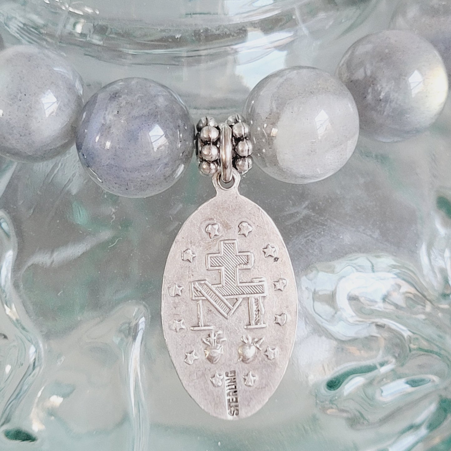 Labradorite Beaded 12mm Bracelet w/ Sterling Silver Miraculous Medal of Mary