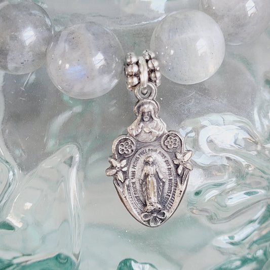 Labradorite Beaded 12mm Bracelet w/ Sterling Silver Miraculous Medal with the Sacred Heart of Jesus on top