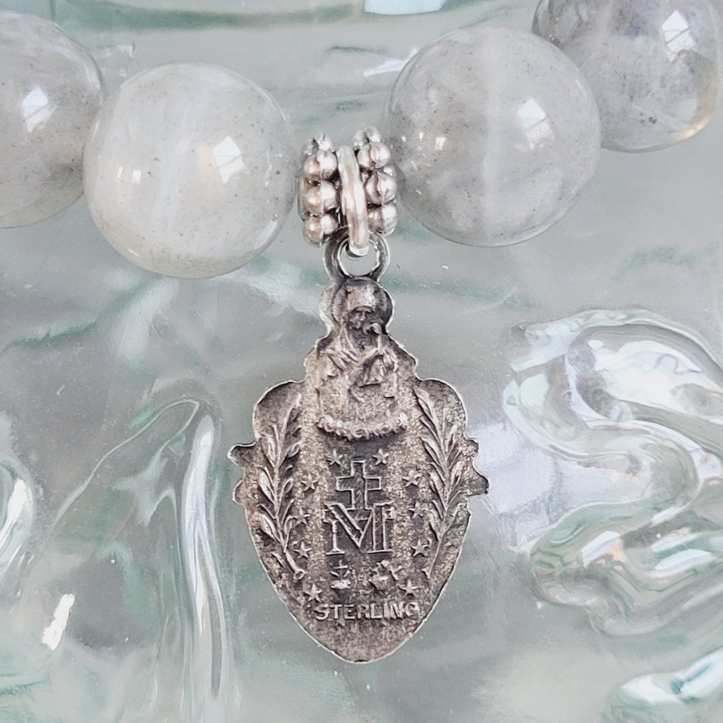 Labradorite Beaded 12mm Bracelet w/ Sterling Silver Miraculous Medal with the Sacred Heart of Jesus on top