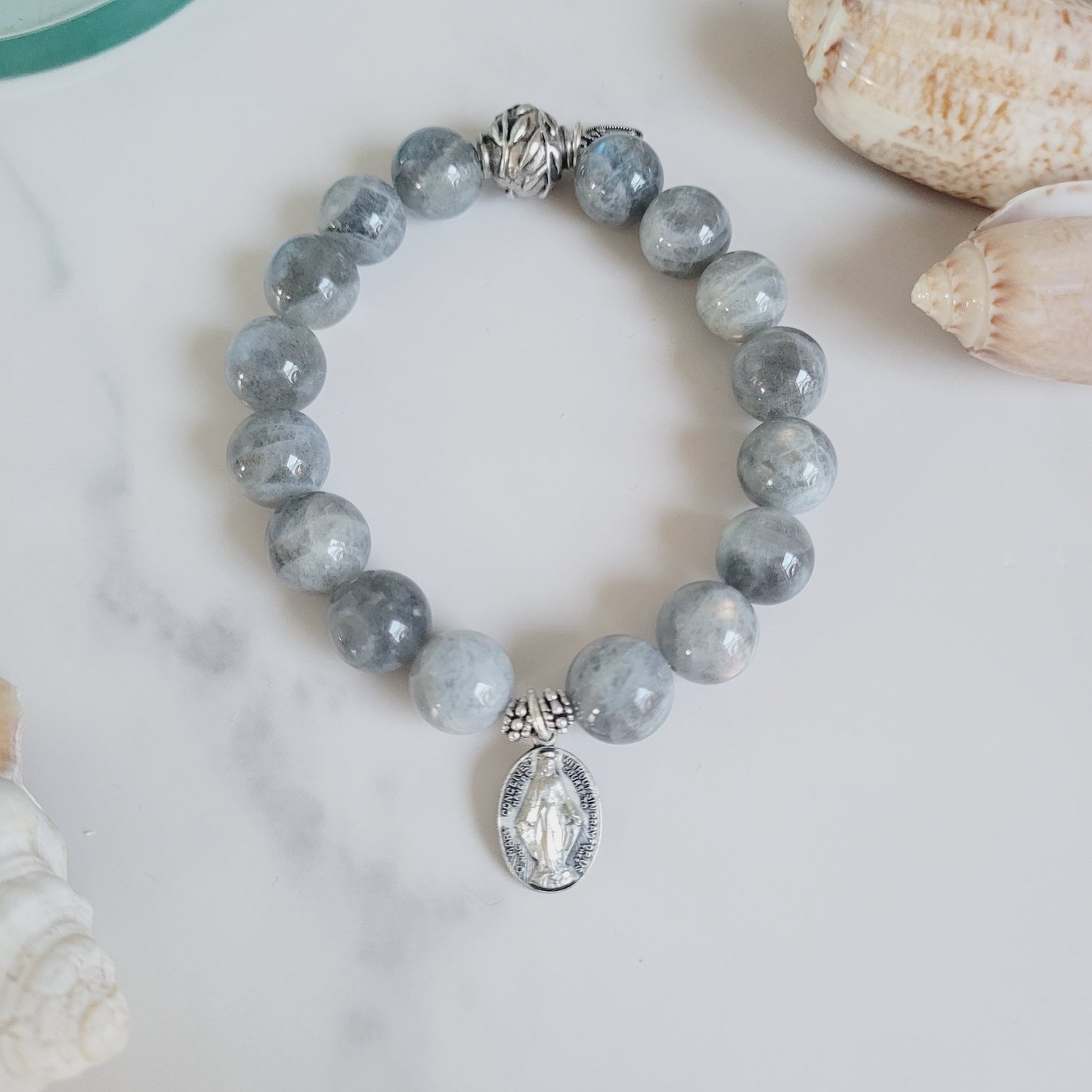 Labradorite Beaded 12mm Bracelet w/ The Miraculous Medal of Mary in Sterling Silver