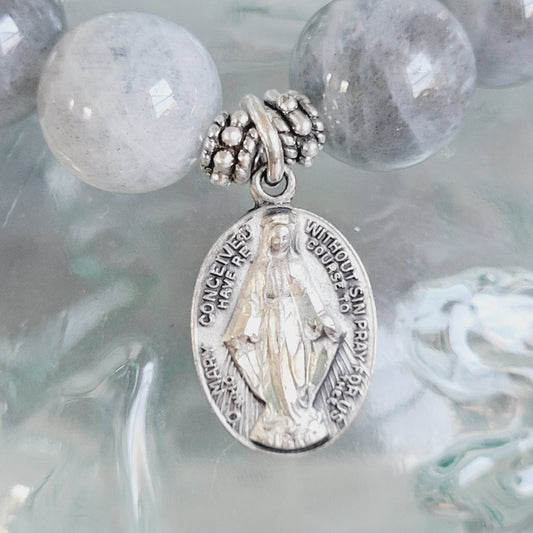 Labradorite Beaded 12mm Bracelet w/ The Miraculous Medal of Mary in Sterling Silver