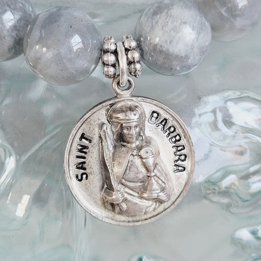 Labradorite Beaded 12mm Bracelet w/ Sterling Silver St. Barbara Medal