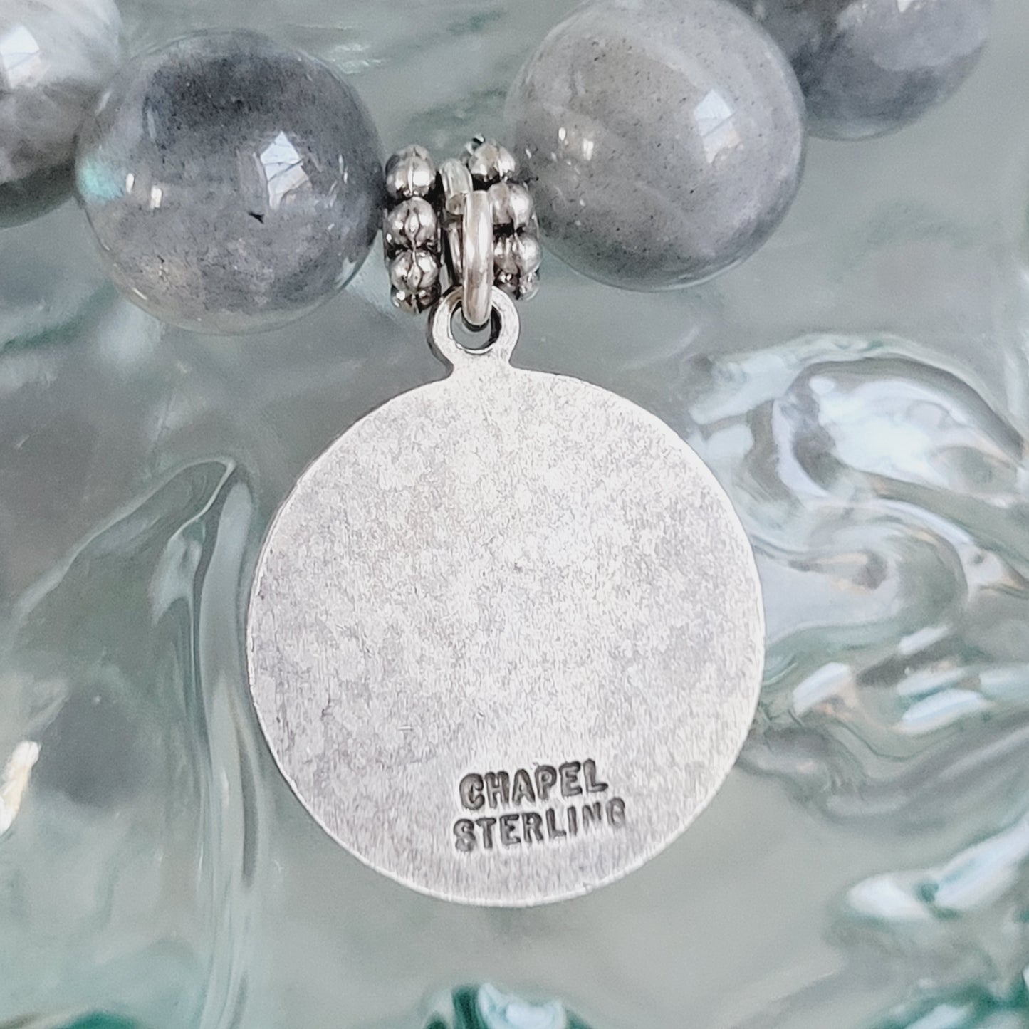 Labradorite Beaded 12mm Bracelet w/ Sterling Silver St. Barbara Medal