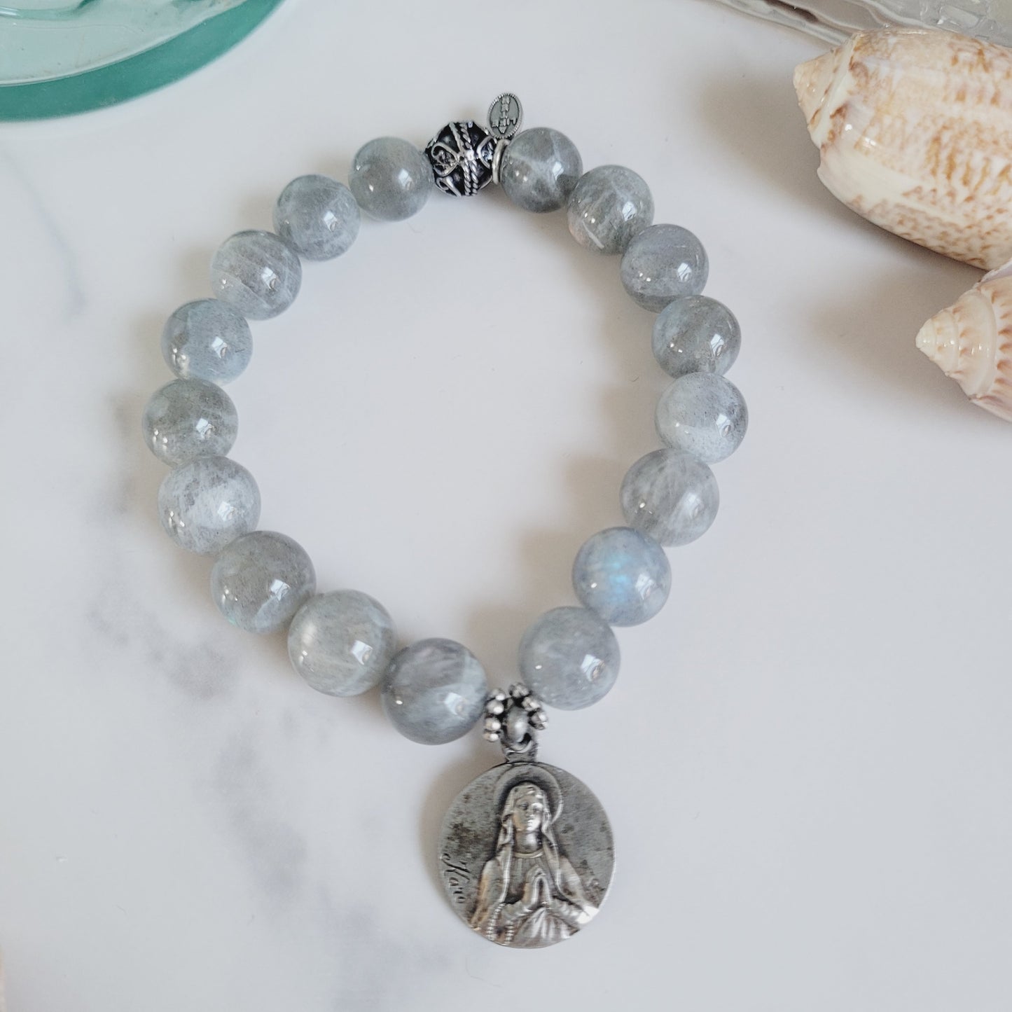 Labradorite Beaded 12mm Bracelet w/ Our Lady of Lourdes Medal