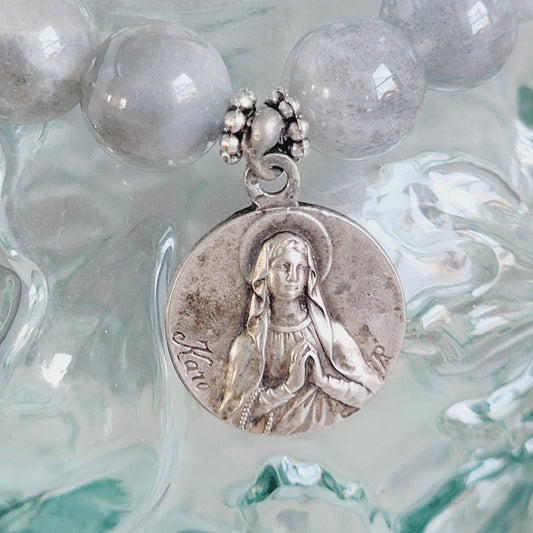 Labradorite Beaded 12mm Bracelet w/ Our Lady of Lourdes Medal