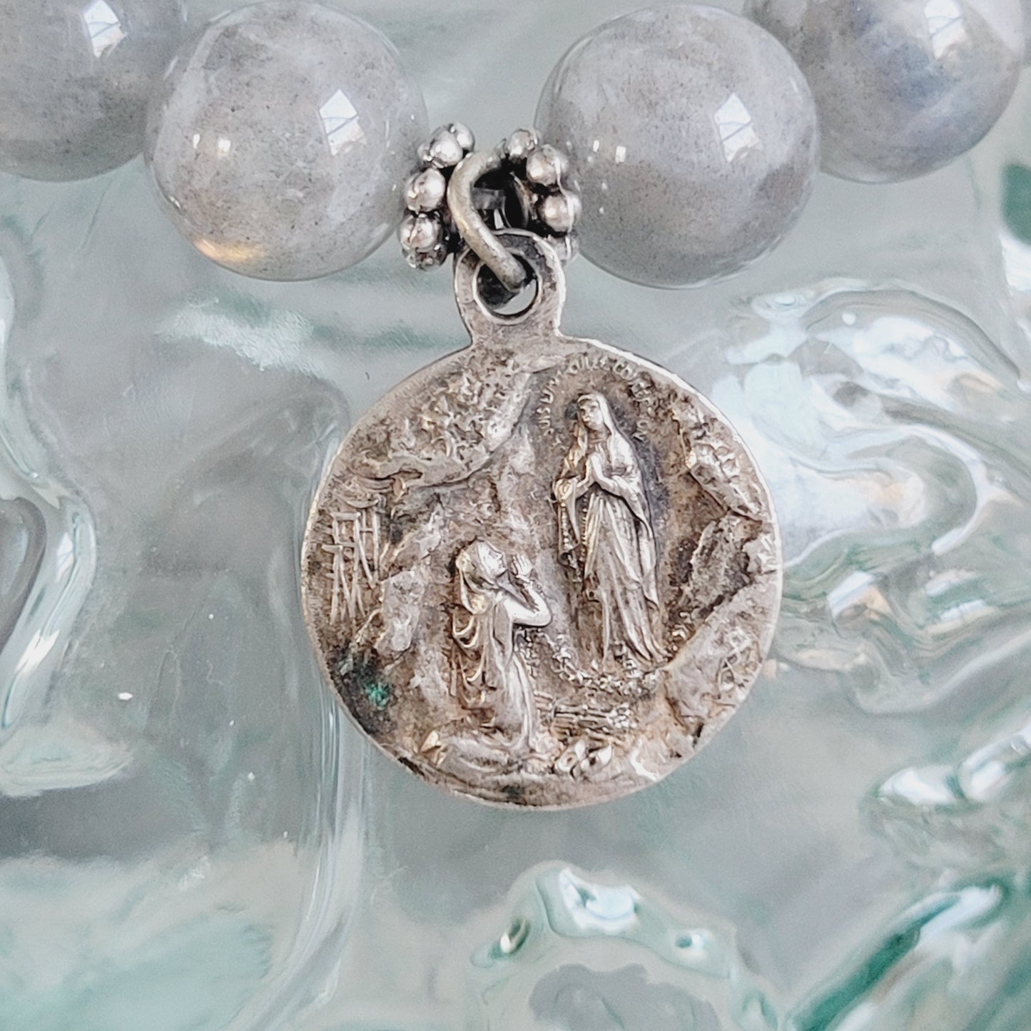 Labradorite Beaded 12mm Bracelet w/ Our Lady of Lourdes Medal