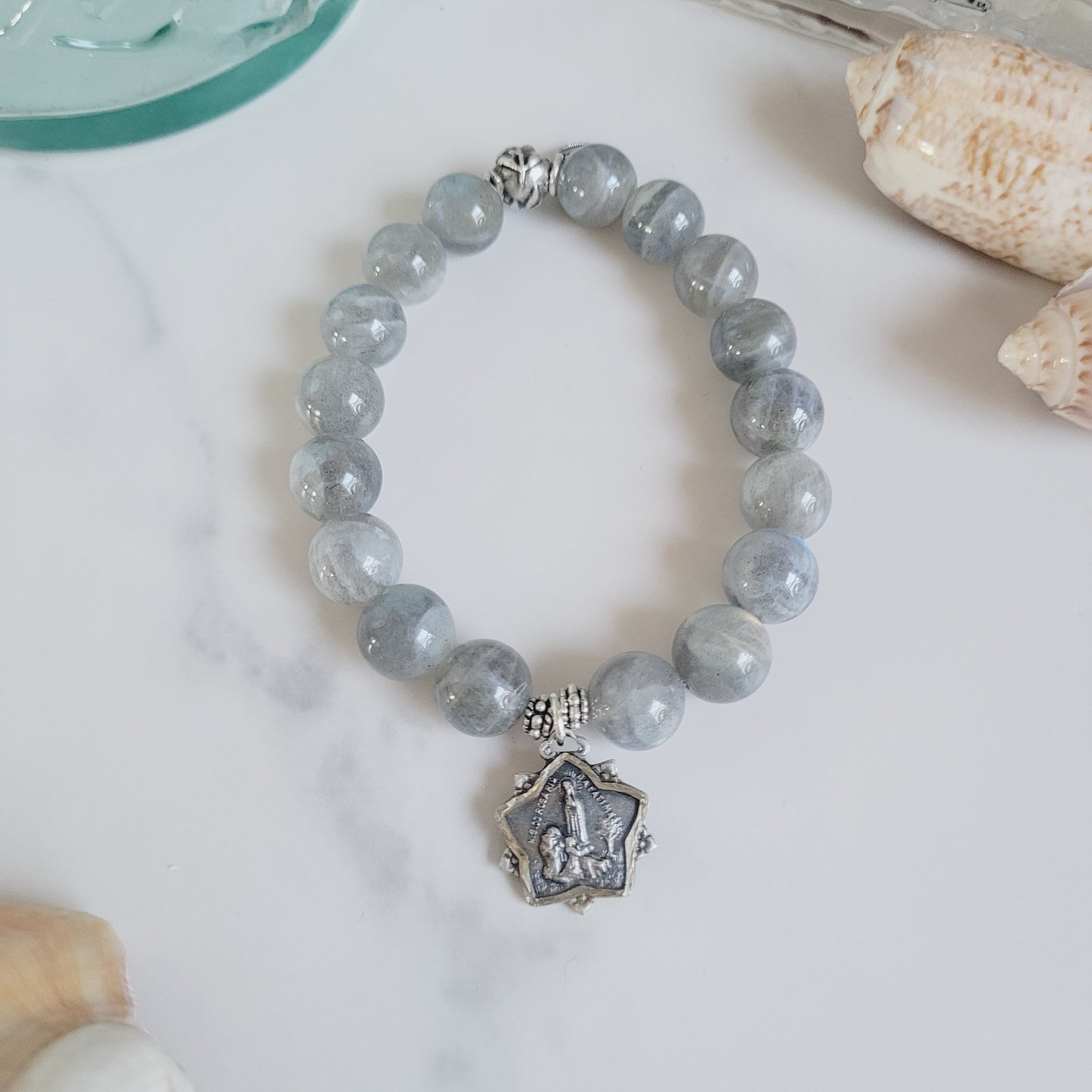 Labradorite Beaded 12mm Bracelet w/ Our Lady of Fatima + The Sacred Heart of Jesus Medal