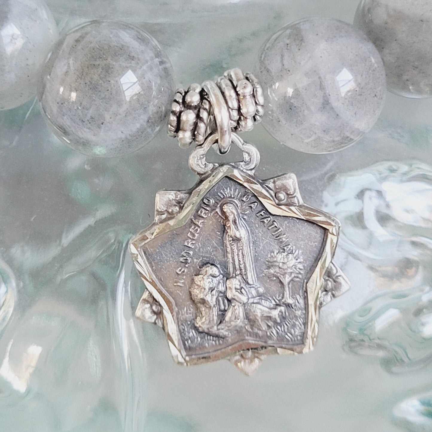 Labradorite Beaded 12mm Bracelet w/ Our Lady of Fatima + The Sacred Heart of Jesus Medal