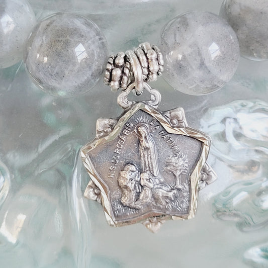 Labradorite Beaded 12mm Bracelet w/ Our Lady of Fatima + The Sacred Heart of Jesus Medal