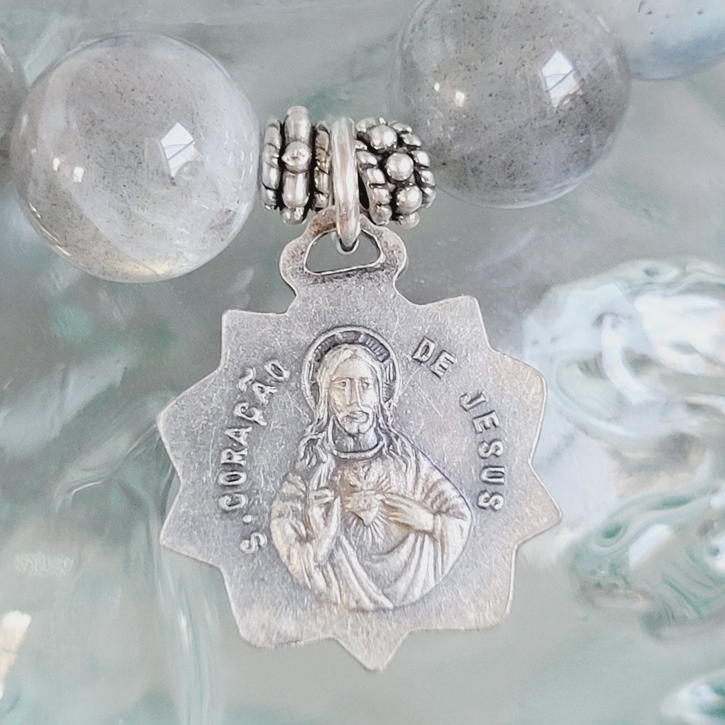Labradorite Beaded 12mm Bracelet w/ Our Lady of Fatima + The Sacred Heart of Jesus Medal