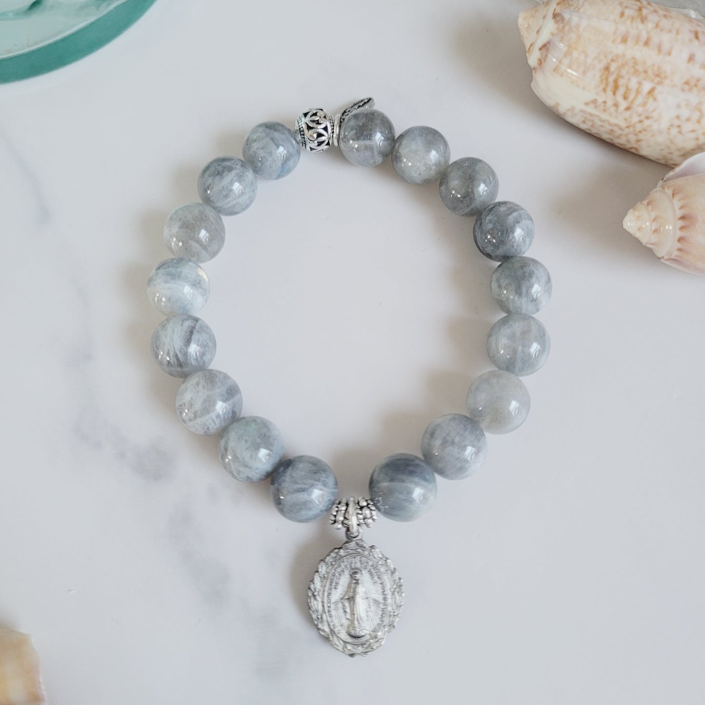 Labradorite Beaded 12mm Bracelet w/ Highly Decorated Miraculous Medal of Mary Medal