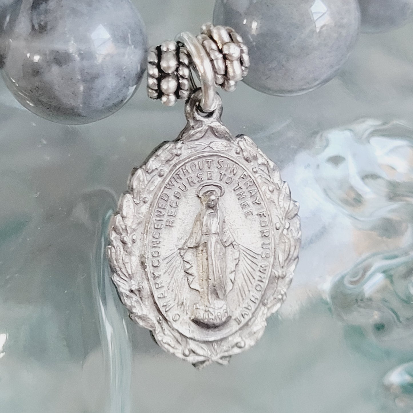 Labradorite Beaded 12mm Bracelet w/ Highly Decorated Miraculous Medal of Mary Medal