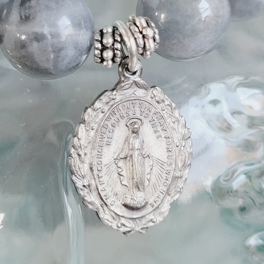 Labradorite Beaded 12mm Bracelet w/ Highly Decorated Miraculous Medal of Mary Medal