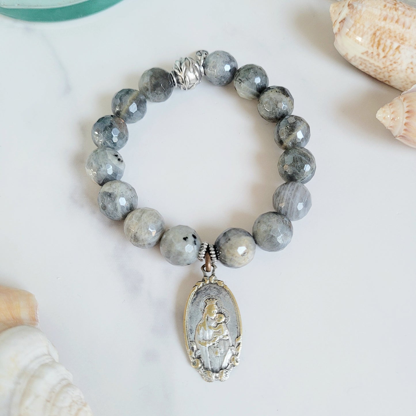 Labradorite Beaded 14mm Faceted Bracelet w/ Our Lady of Mount Carmel & The Sacred Heart of Jesus Medal