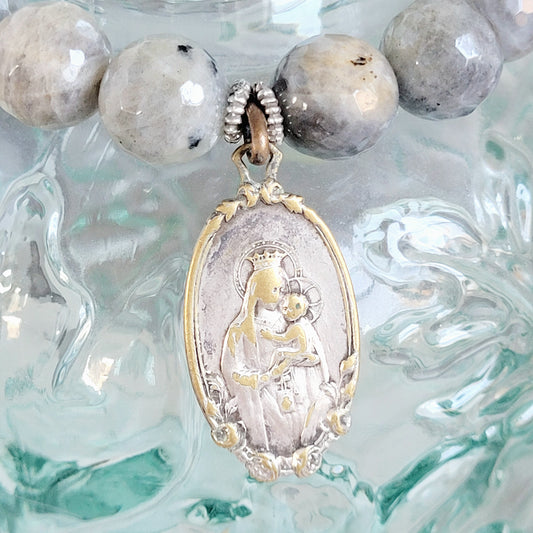 Labradorite Beaded 14mm Faceted Bracelet w/ Our Lady of Mount Carmel & The Sacred Heart of Jesus Medal