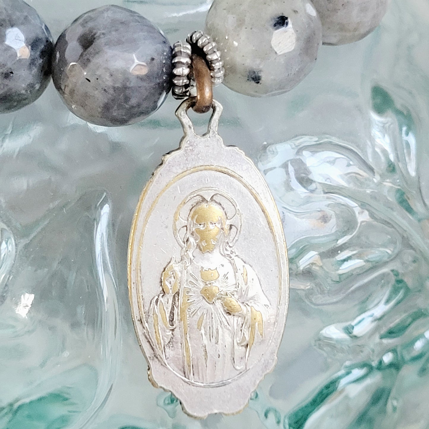 Labradorite Beaded 14mm Faceted Bracelet w/ Our Lady of Mount Carmel & The Sacred Heart of Jesus Medal