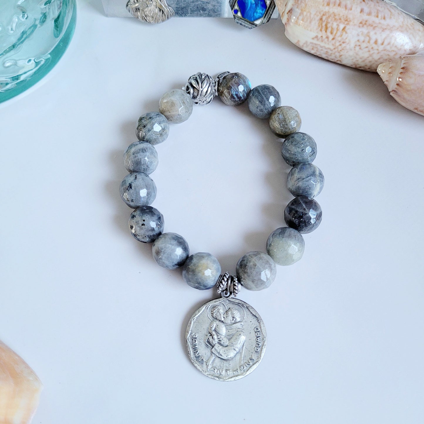 Labradorite Beaded 14mm Faceted Bracelet w/ St. Anthony & St. Christopher Medal