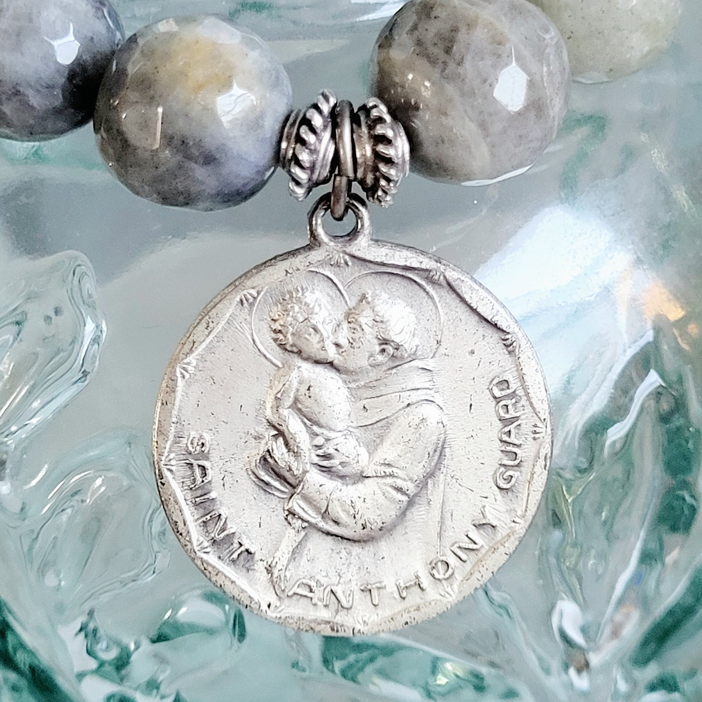 Labradorite Beaded 14mm Faceted Bracelet w/ St. Anthony & St. Christopher Medal