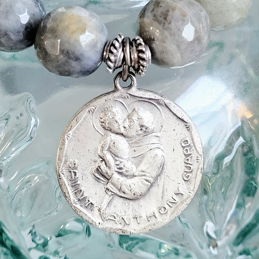 Labradorite Beaded 14mm Faceted Bracelet w/ St. Anthony & St. Christopher Medal