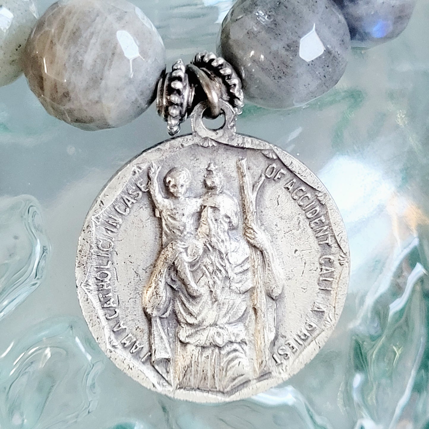 Labradorite Beaded 14mm Faceted Bracelet w/ St. Anthony & St. Christopher Medal