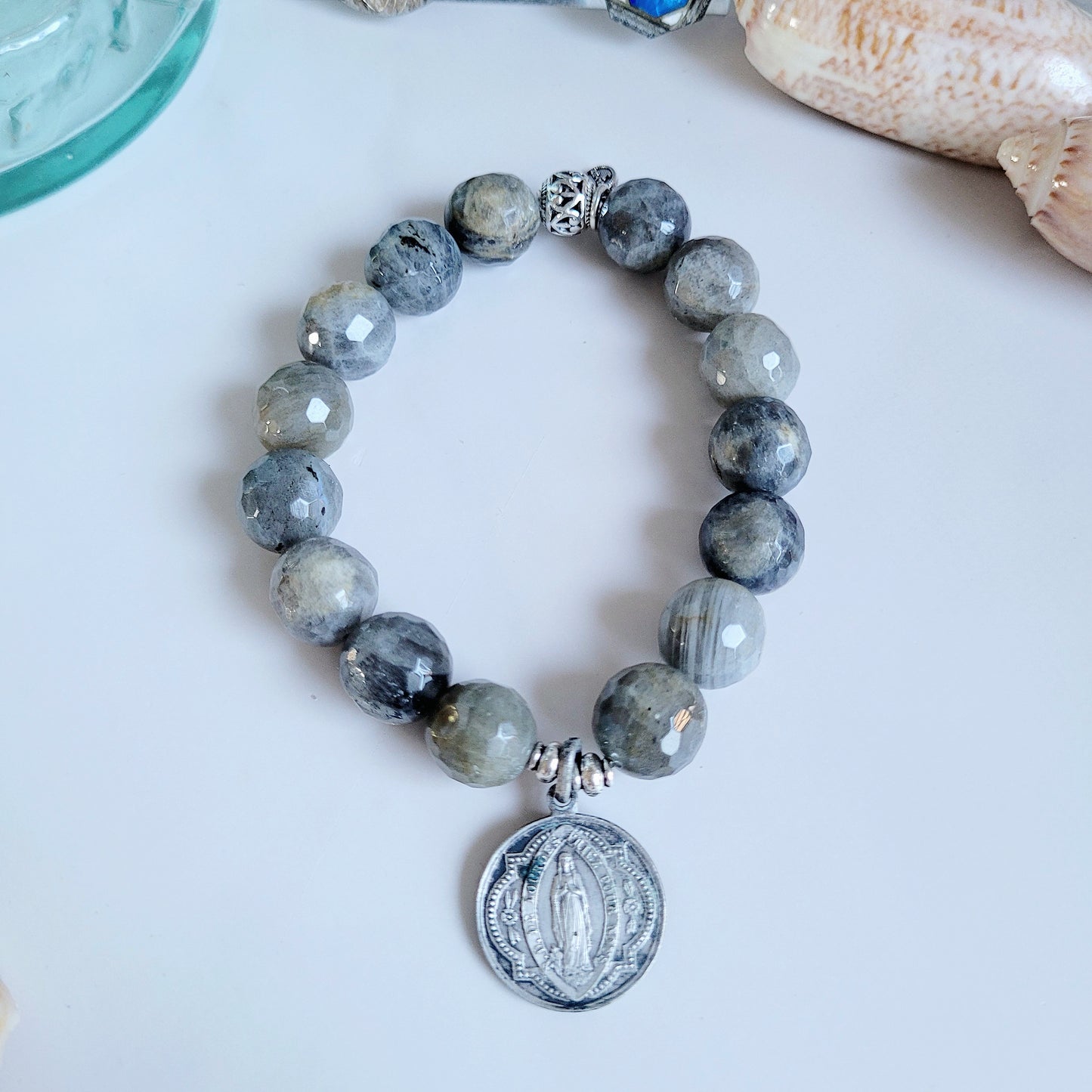 Labradorite Beaded 14mm Faceted Bracelet w/ Notre Dame de Lourdes Medal