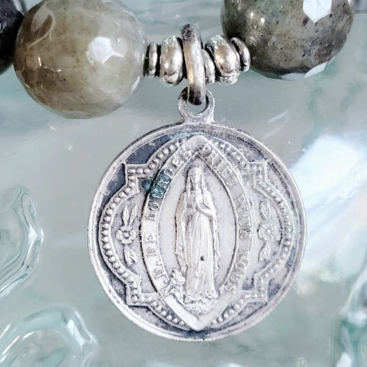 Labradorite Beaded 14mm Faceted Bracelet w/ Notre Dame de Lourdes Medal
