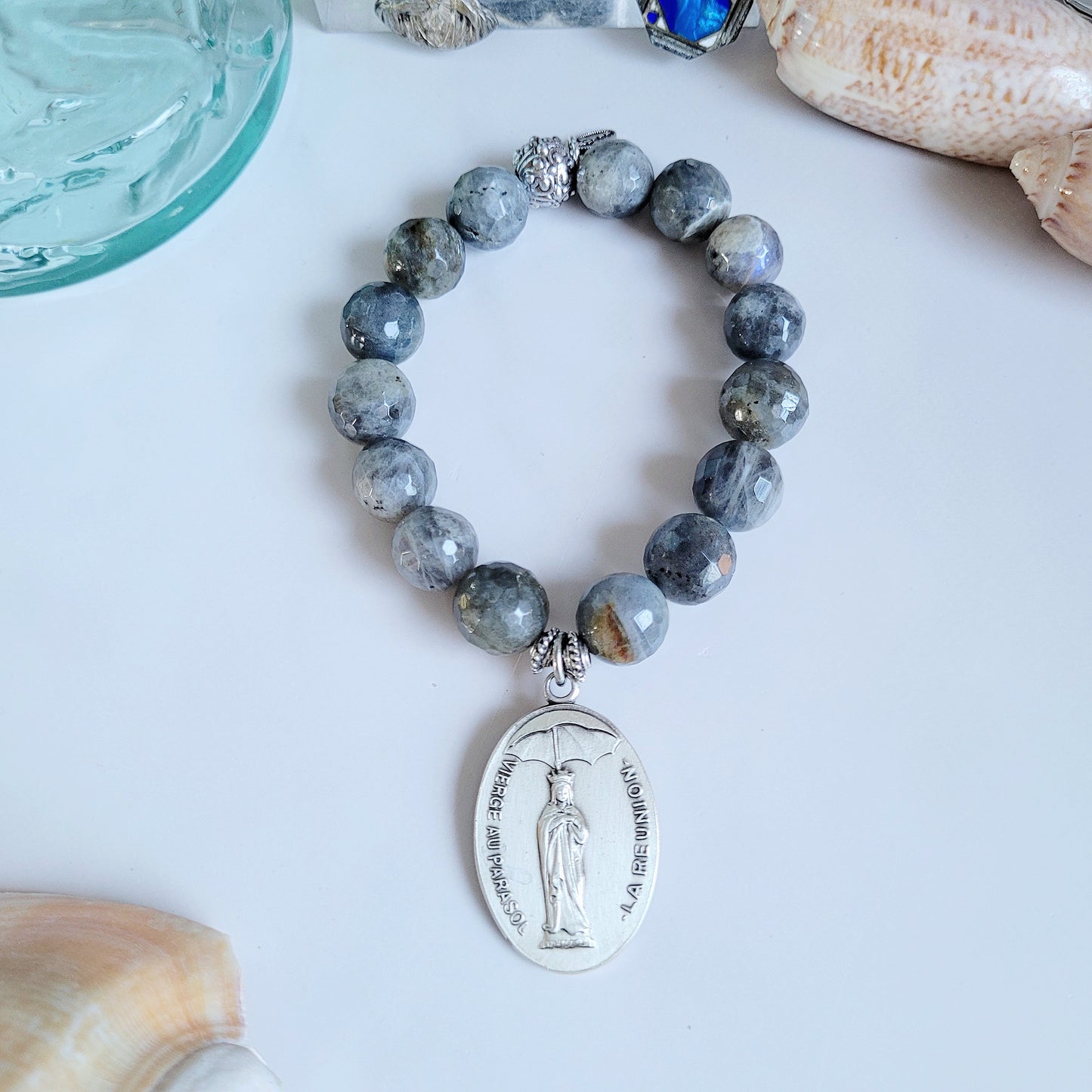 Labradorite Beaded 14mm Faceted Bracelet w/ The Blessed Mother Mary with a Parasol & Notre Dame des Laves Medal