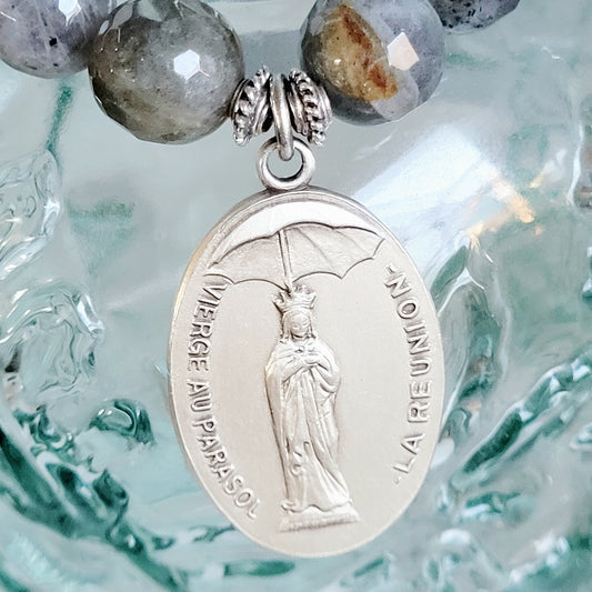 Labradorite Beaded 14mm Faceted Bracelet w/ The Blessed Mother Mary with a Parasol & Notre Dame des Laves Medal