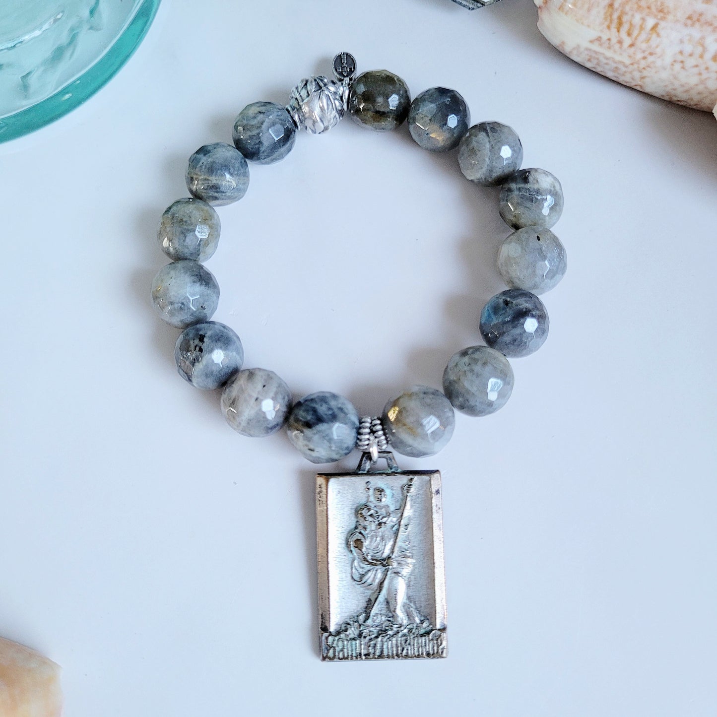 Labradorite Beaded 14mm Faceted Bracelet w/ St. Christopher Vintage Medal