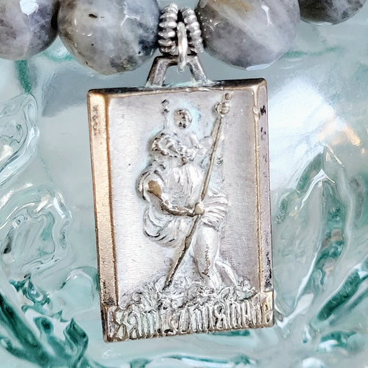 Labradorite Beaded 14mm Faceted Bracelet w/ St. Christopher Vintage Medal