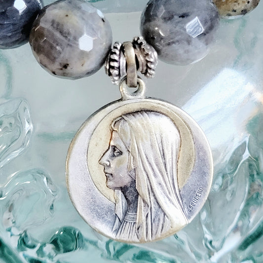 Labradorite Beaded 14mm Faceted Bracelet w/The Blessed Mother Mary & St. Bernadette kneeling before Our Lady in Lourdes Medal
