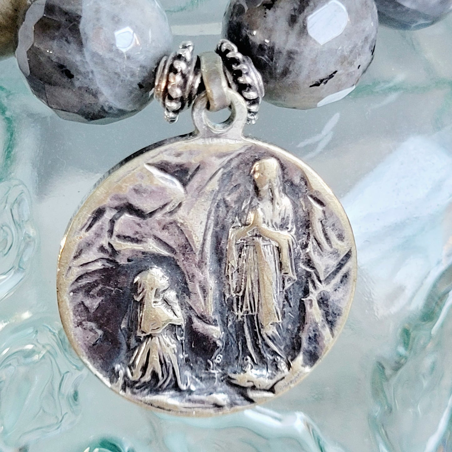 Labradorite Beaded 14mm Faceted Bracelet w/The Blessed Mother Mary & St. Bernadette kneeling before Our Lady in Lourdes Medal