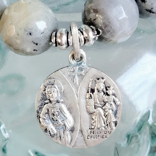 Labradorite Beaded 14mm Faceted Bracelet w/ a Split medal featuring The Sacred Heart of Jesus / Notre Dame du Cartier + St. Michael the Archangel on Back
