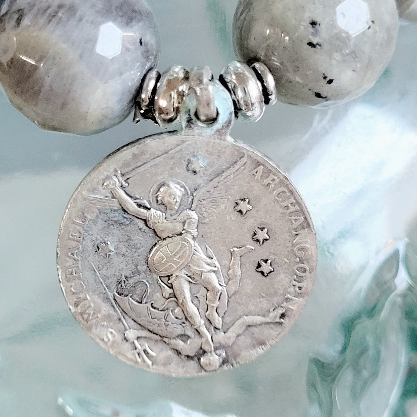 Labradorite Beaded 14mm Faceted Bracelet w/ a Split medal featuring The Sacred Heart of Jesus / Notre Dame du Cartier + St. Michael the Archangel on Back