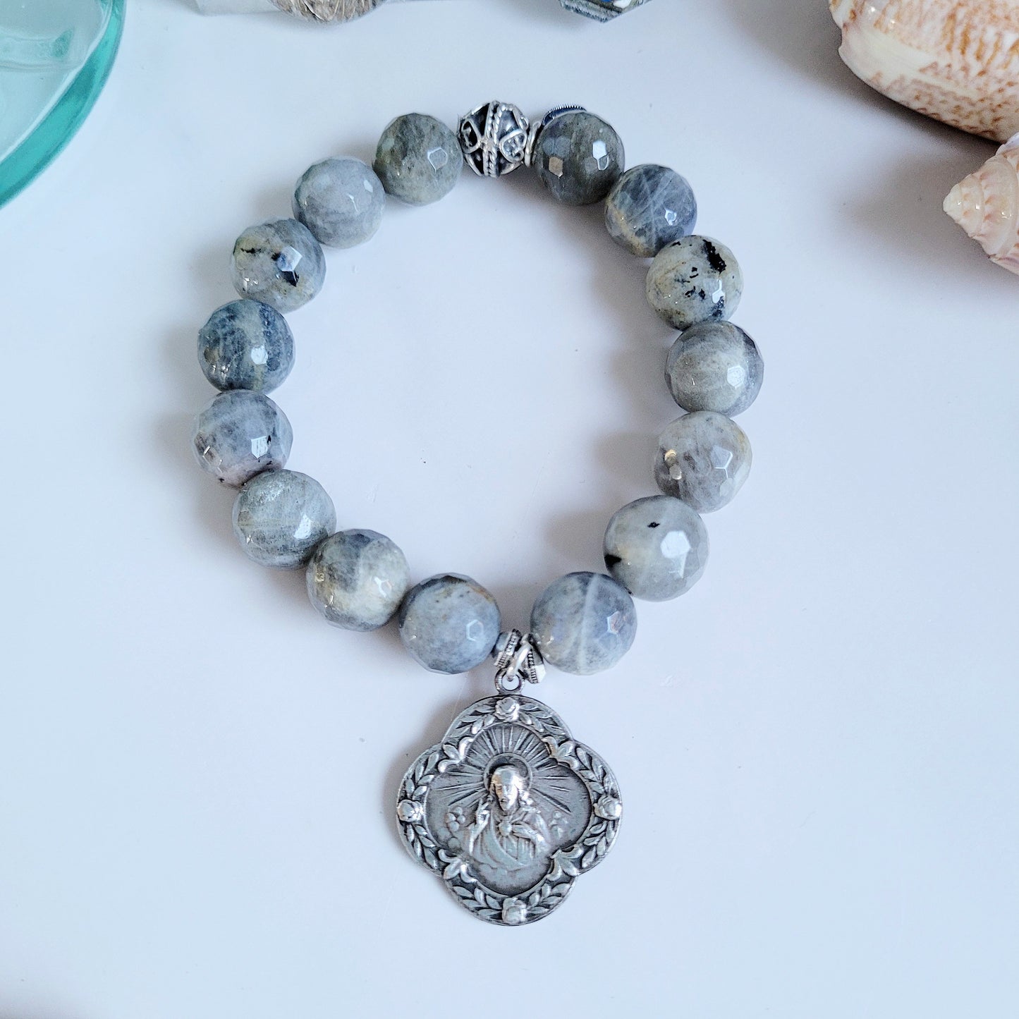 Labradorite Beaded 14mm Faceted Bracelet w/ a Sterling Silver Art Deco Medal w/ The Sacred Heart of Jesus on the front and Our Lady of Mount Carmel on the back.
