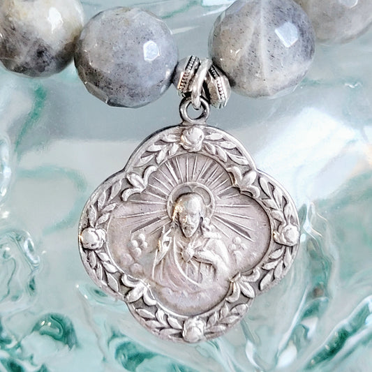 Labradorite Beaded 14mm Faceted Bracelet w/ a Sterling Silver Art Deco Medal w/ The Sacred Heart of Jesus on the front and Our Lady of Mount Carmel on the back.