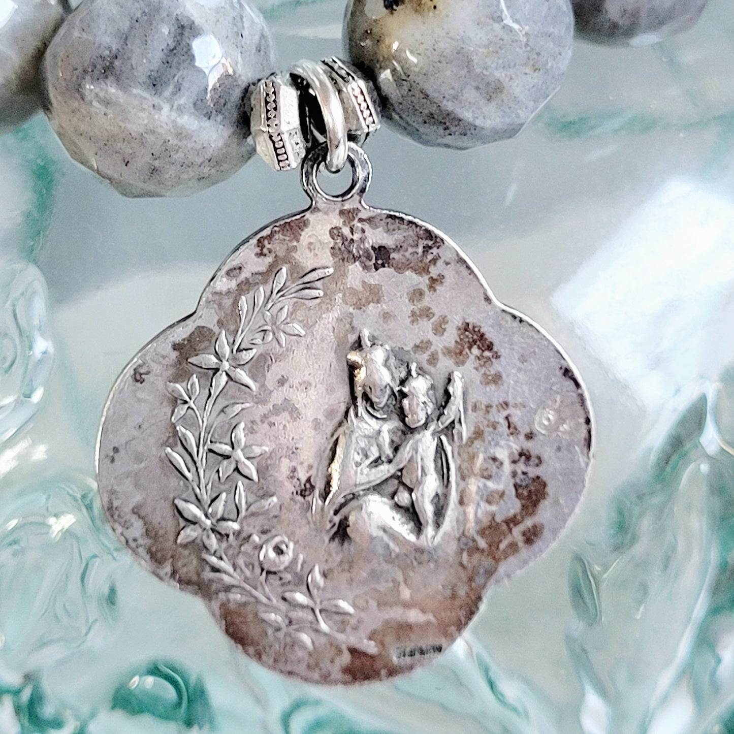 Labradorite Beaded 14mm Faceted Bracelet w/ a Sterling Silver Art Deco Medal w/ The Sacred Heart of Jesus on the front and Our Lady of Mount Carmel on the back.