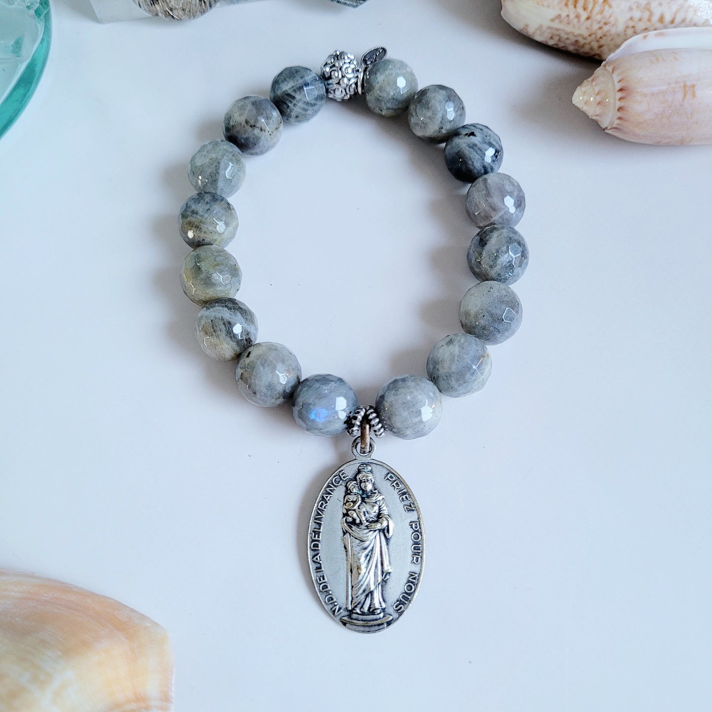 Labradorite Beaded 14mm Faceted Bracelet w/ The Blessed Virgin Mary Medal