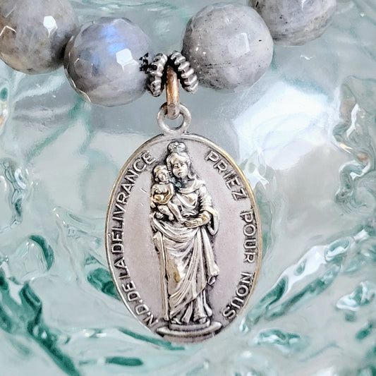 Labradorite Beaded 14mm Faceted Bracelet w/ The Blessed Virgin Mary Medal